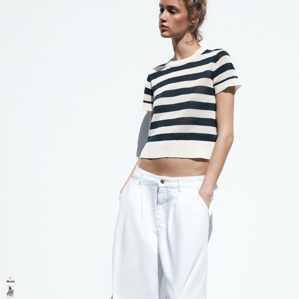 Zara Striped Knit Crop Top - Linen & Cotton Blend - Navy/Cream - Size Small